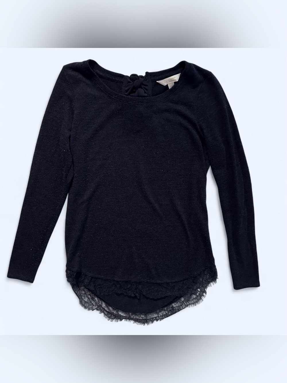 LC Lauren Conrad Lace Trim Knit Top in Navy Blue Size XS Back Bow Ribbon Tie